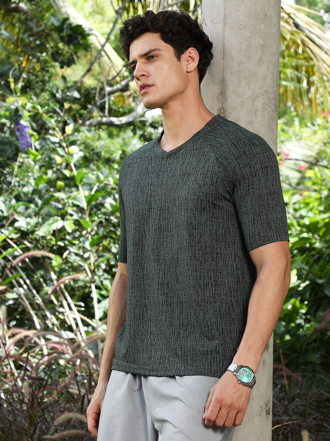 Emerald Green & Midnight Black Contrast-Heathered Knitted T-Shirt