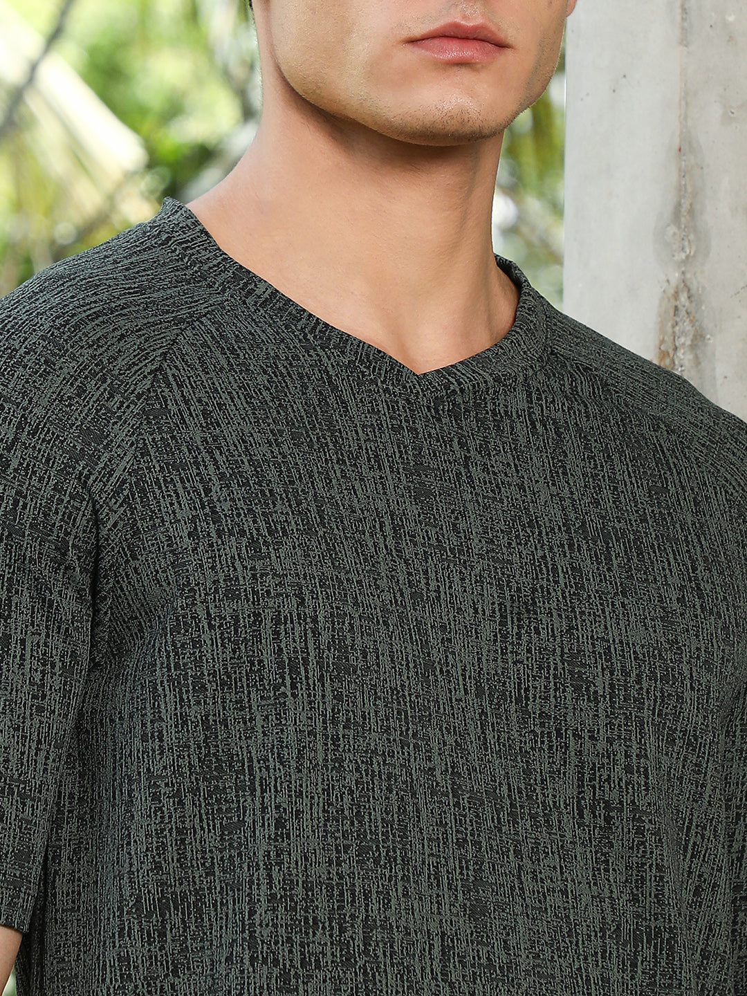 Emerald Green & Midnight Black Contrast-Heathered Knitted T-Shirt