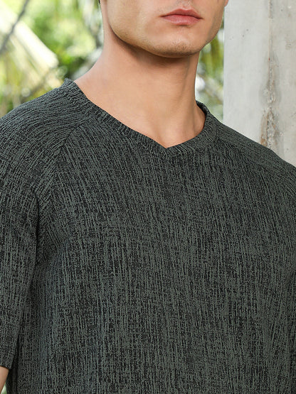 Emerald Green & Midnight Black Contrast-Heathered Knitted T-Shirt