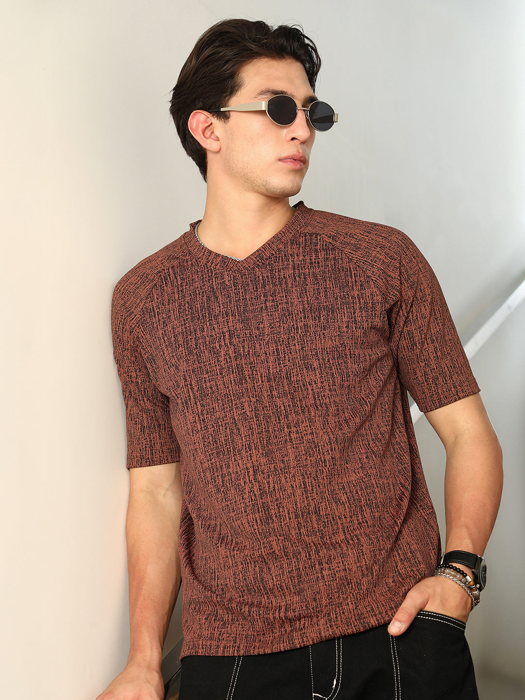Contrast-Heathered Knitted T-Shirt