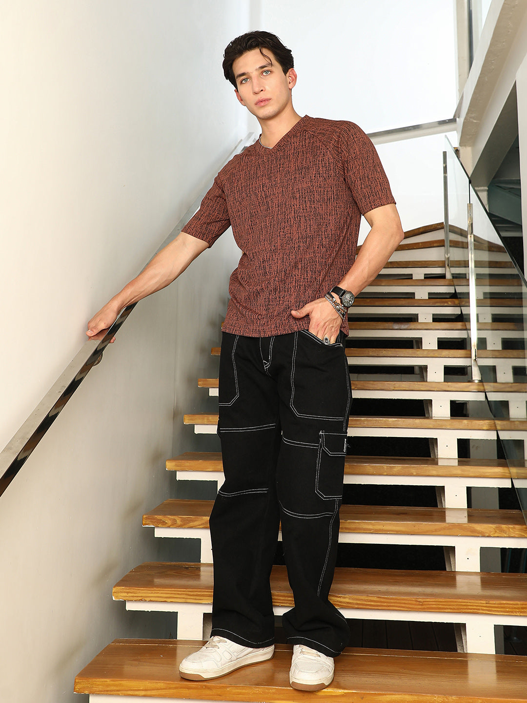 Contrast-Heathered Knitted T-Shirt