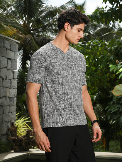 Coin Grey & Midnight Black Contrast-Heathered Knitted T-Shirt