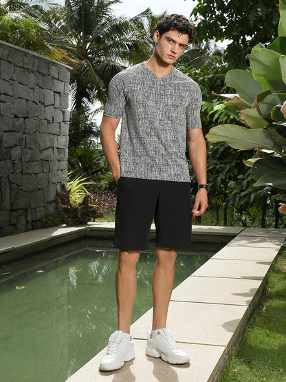 Coin Grey & Midnight Black Contrast-Heathered Knitted T-Shirt