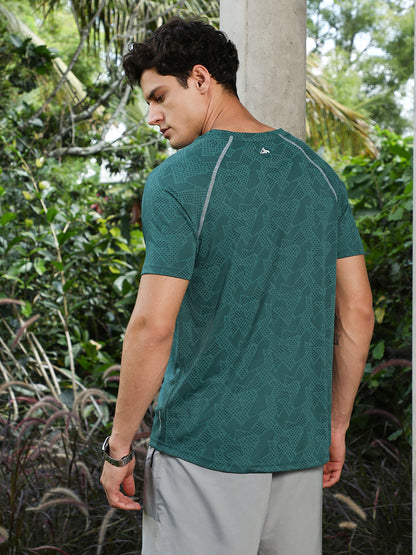 Emerald Green Abstract-Imprint Activewear T-Shirt