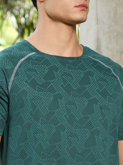 Emerald Green Abstract-Imprint Activewear T-Shirt