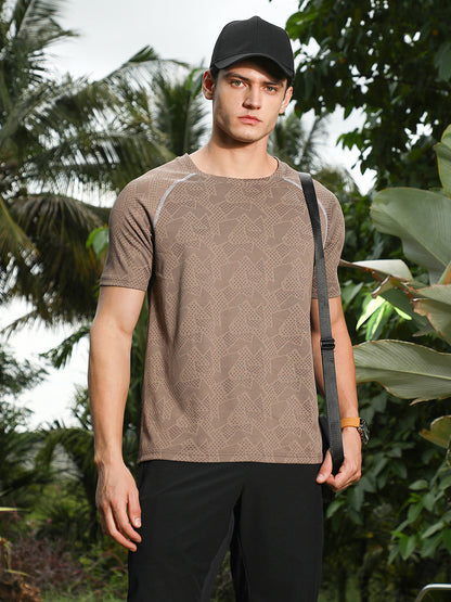 Mocha Brown Abstract-Imprint Activewear T-Shirt