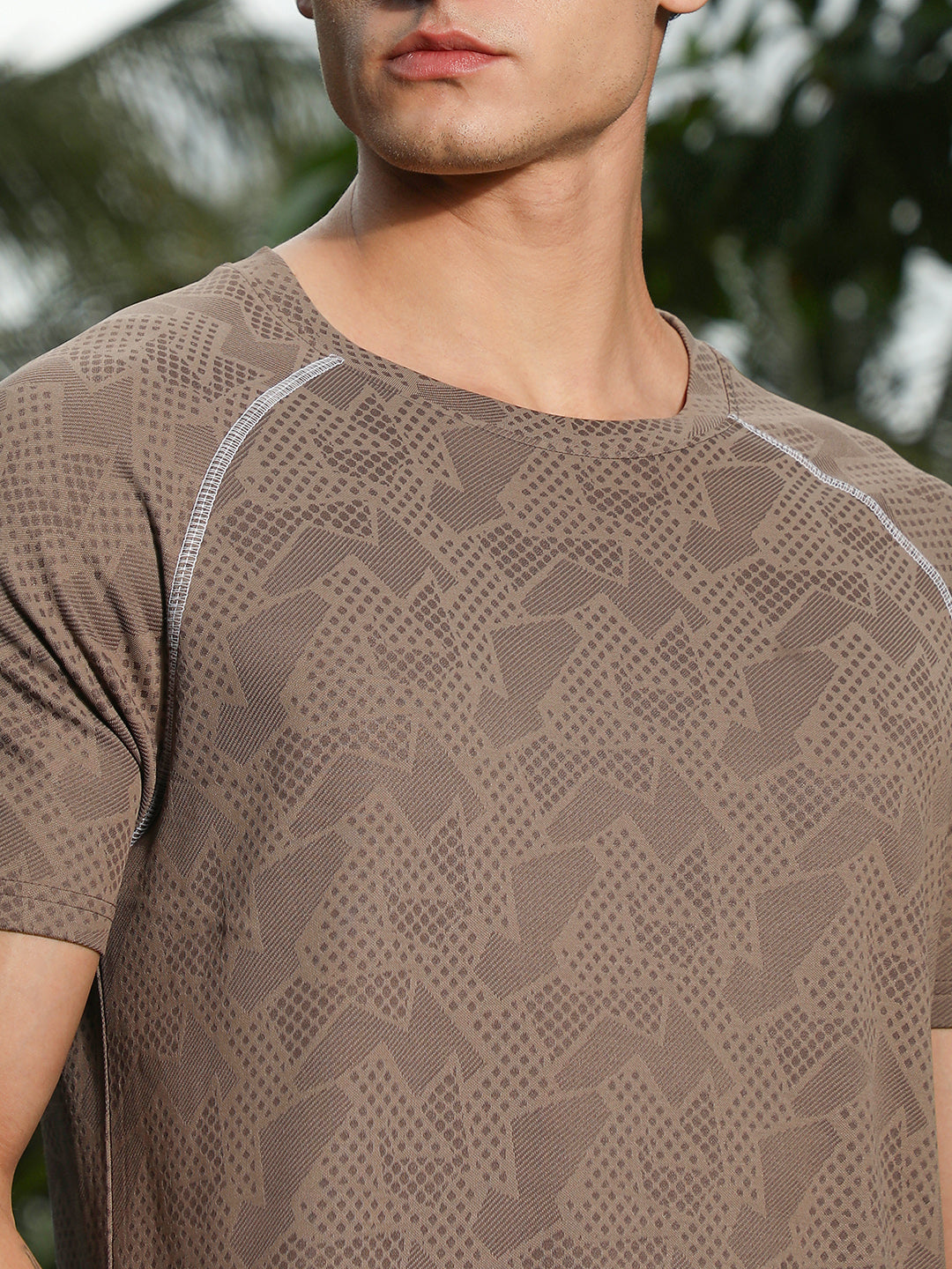 Mocha Brown Abstract-Imprint Activewear T-Shirt