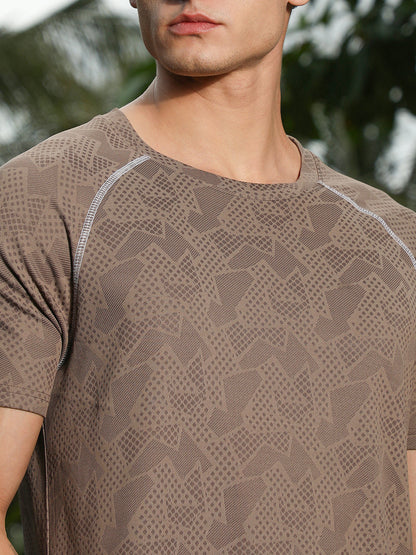 Mocha Brown Abstract-Imprint Activewear T-Shirt