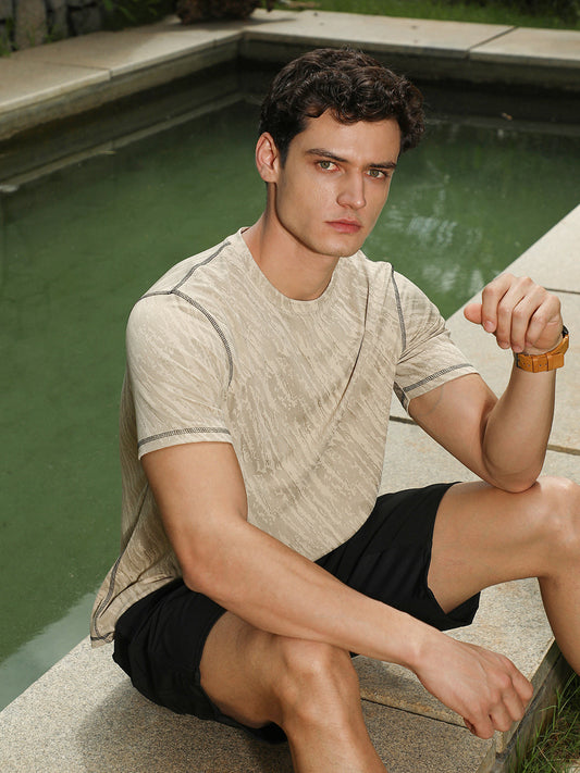 Sand Beige Plash-Imprint Activewear T-Shirt