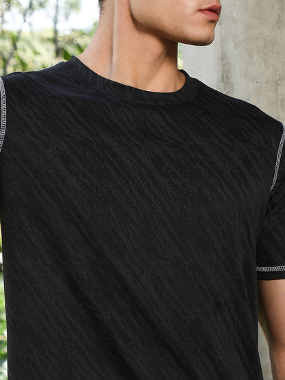 Onyx Black Plash-Imprint Activewear T-Shirt