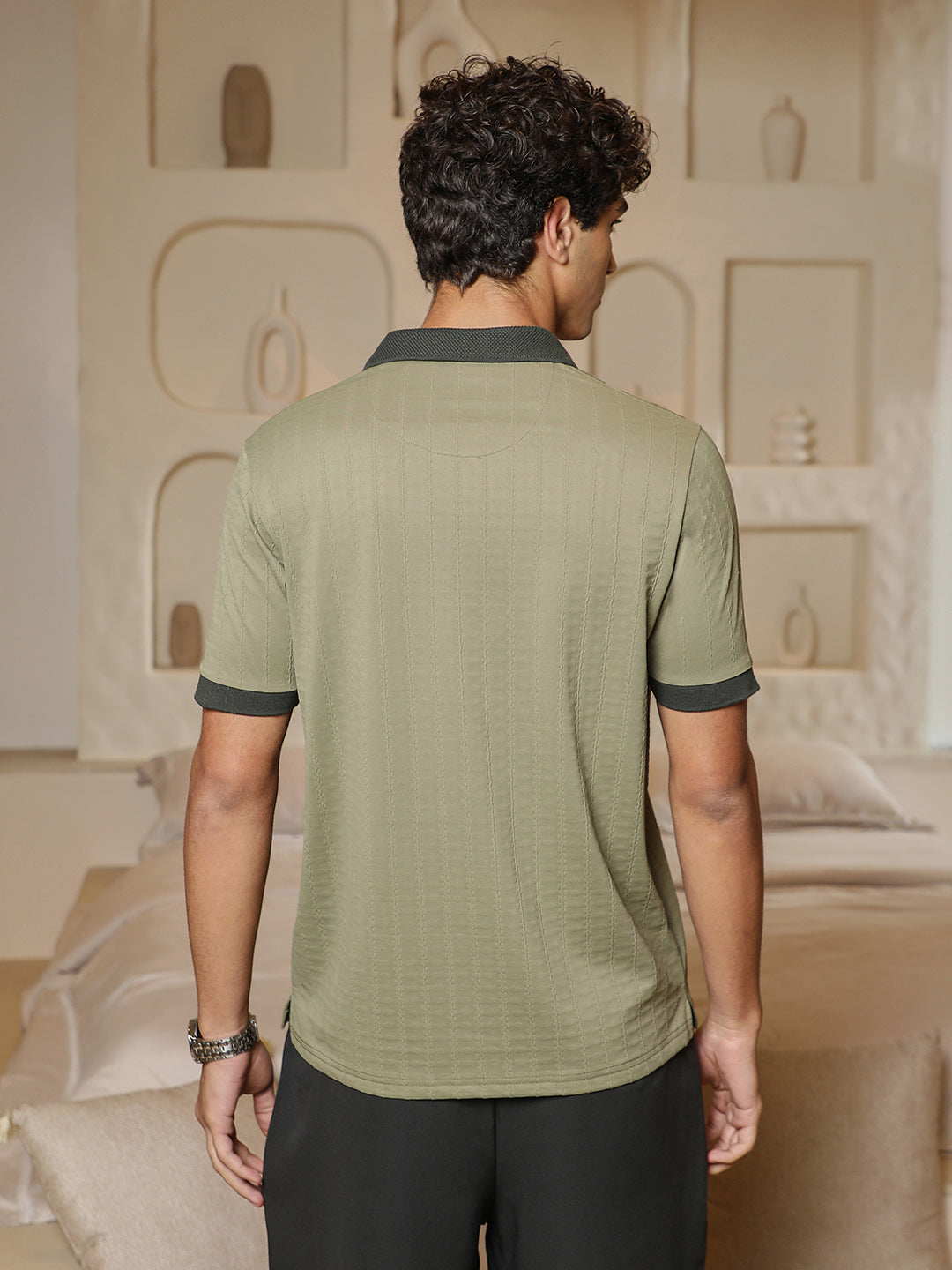 Jacquard Knit Contrast Collar Regular Fit Polo