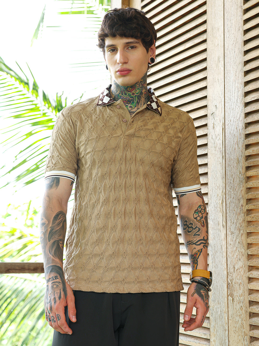 Block Argyle-Knit Polo T-Shirt