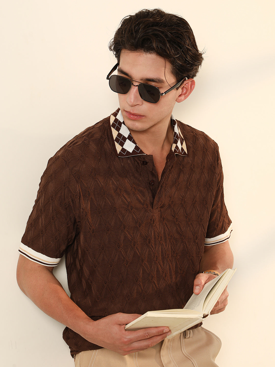 Block Argyle-Knit Polo T-Shirt