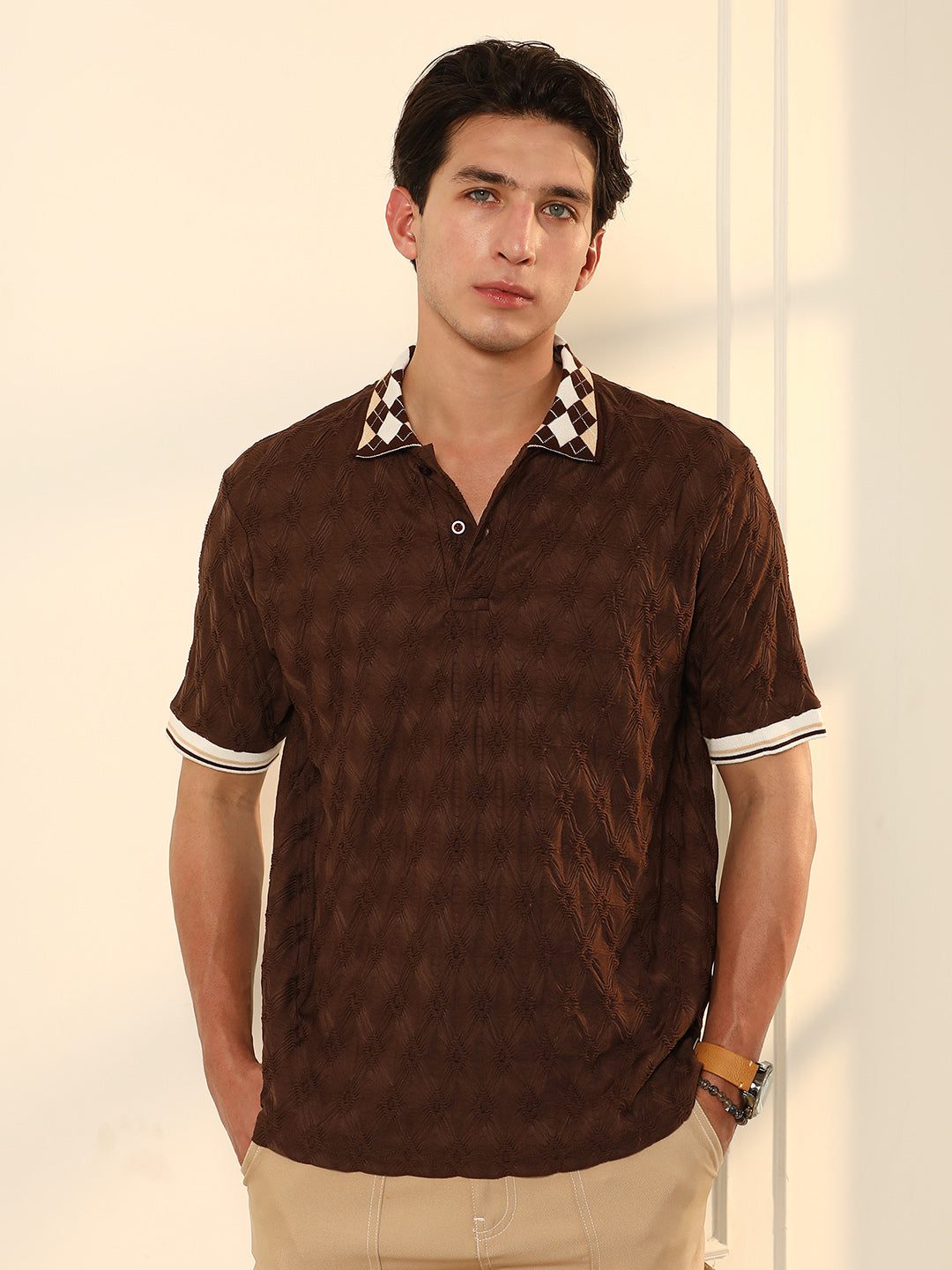Block Argyle-Knit Polo T-Shirt