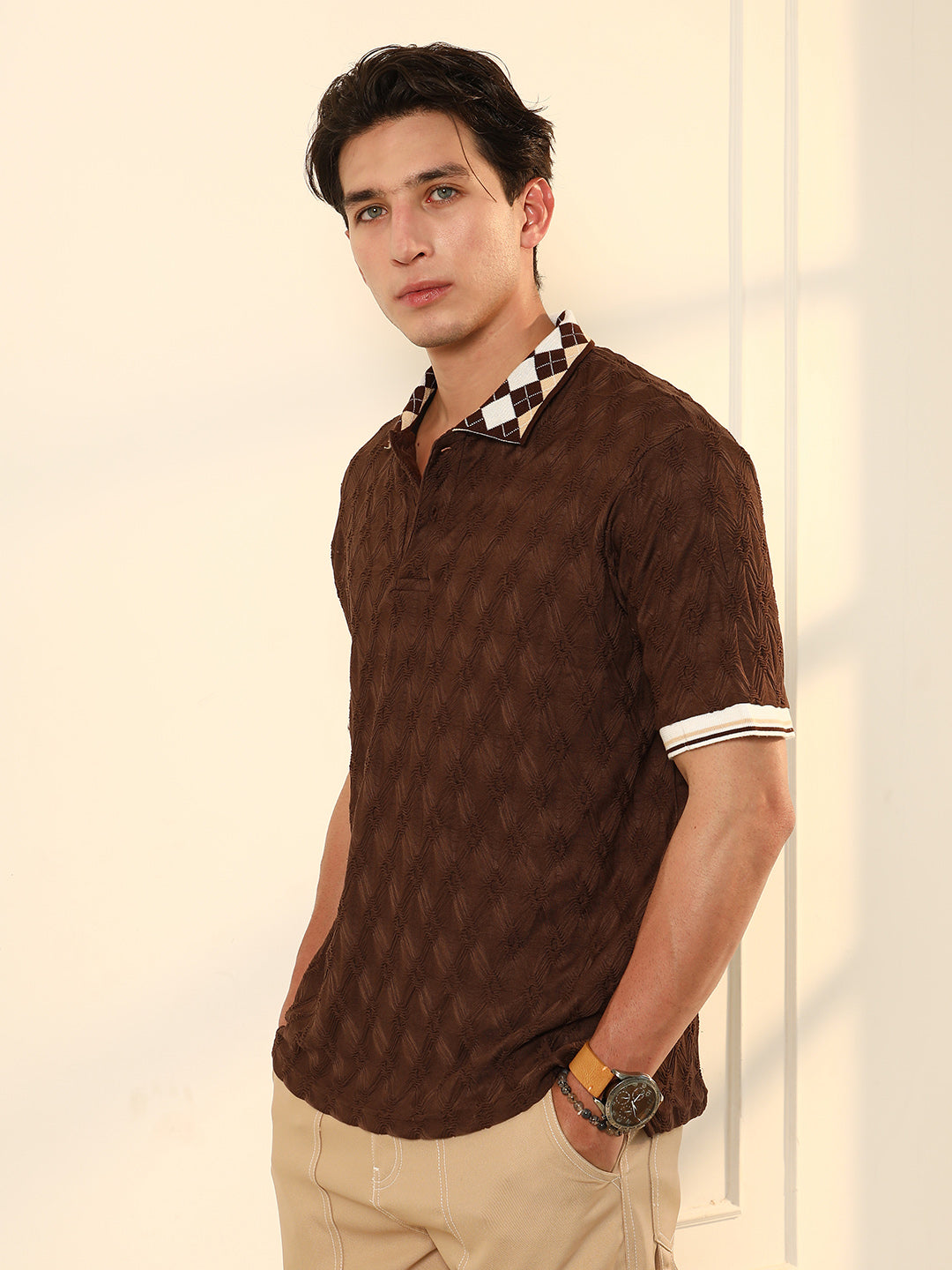 Block Argyle-Knit Polo T-Shirt