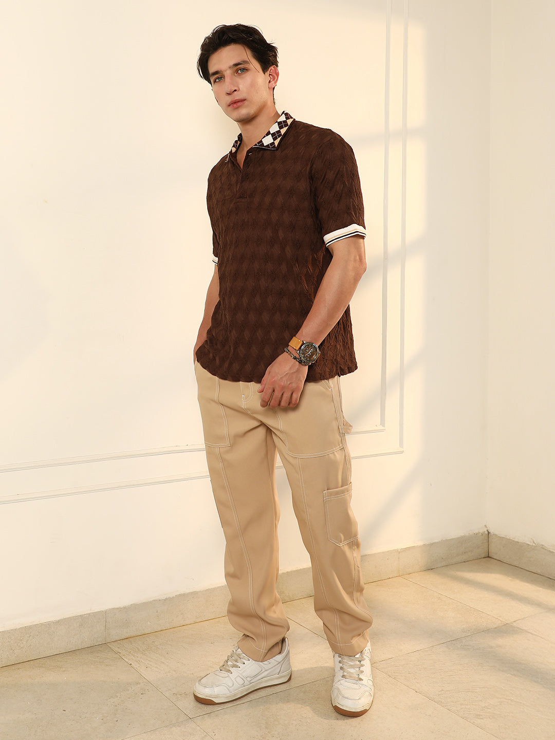 Block Argyle-Knit Polo T-Shirt