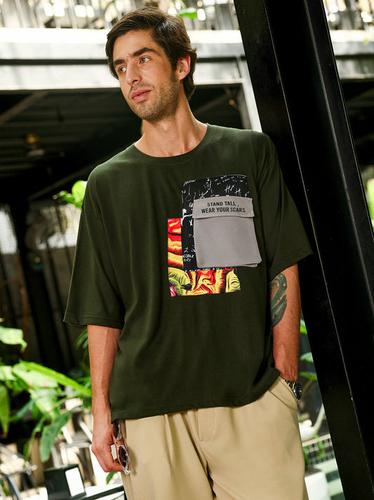 Men's Dark Olive Green Oversized Graphic Printed T-Shirt