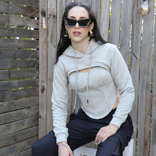 Light Grey Corset Top With Ultra Cropped Hoodie