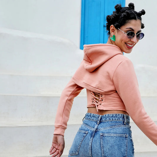 Nude Pink Corset Top With Ultra Cropped Hoodie