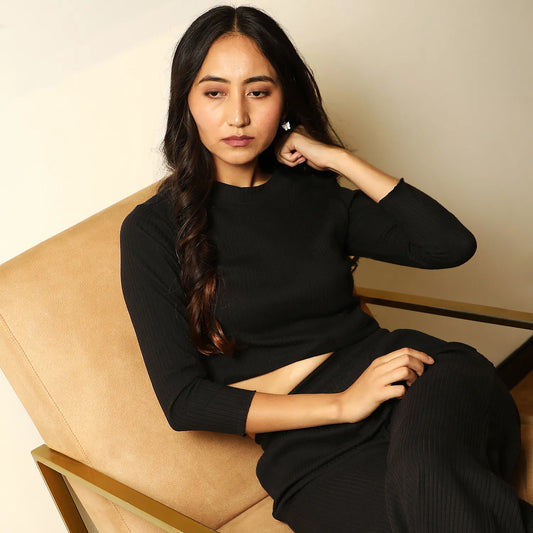 Solid Black Ribbed Co-Ord Set