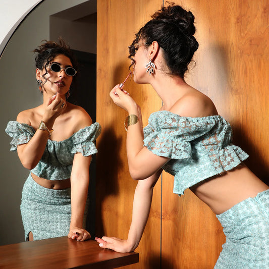 Sage Green Cropped Self-Design Co-Ord Set