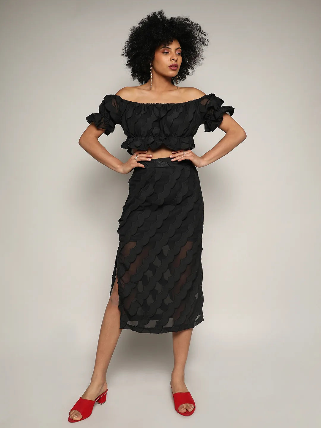 Sheer Self-Design Co-Ord Set With Slit