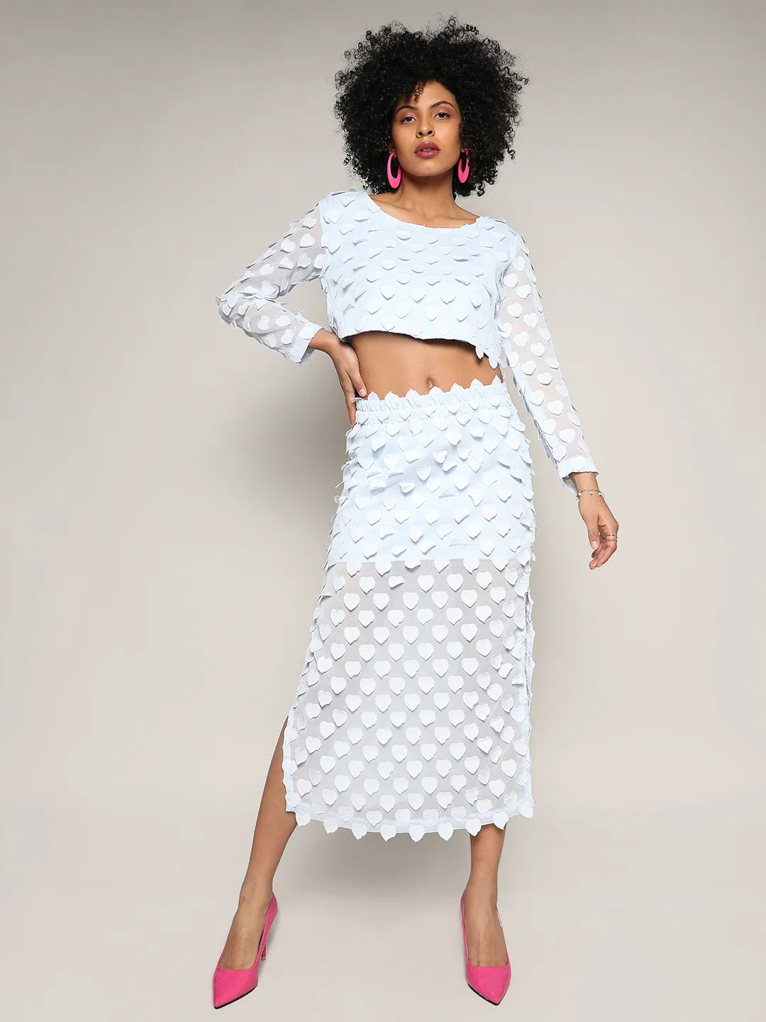Baby Blue Sheer Applique Co-Ord Set With Slit