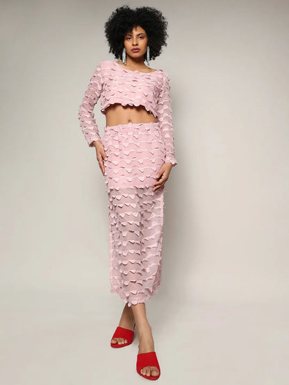 Blush Pink Sheer Applique Co-Ord Set With Slit