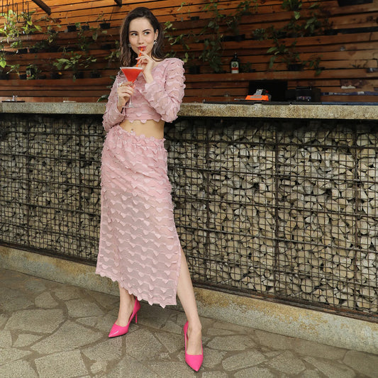 Blush Pink Sheer Applique Co-Ord Set With Slit