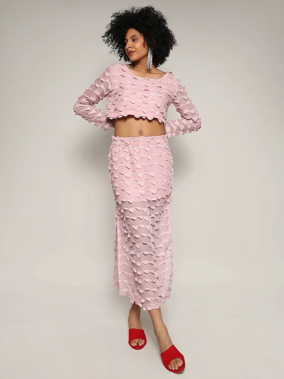 Blush Pink Sheer Applique Co-Ord Set With Slit