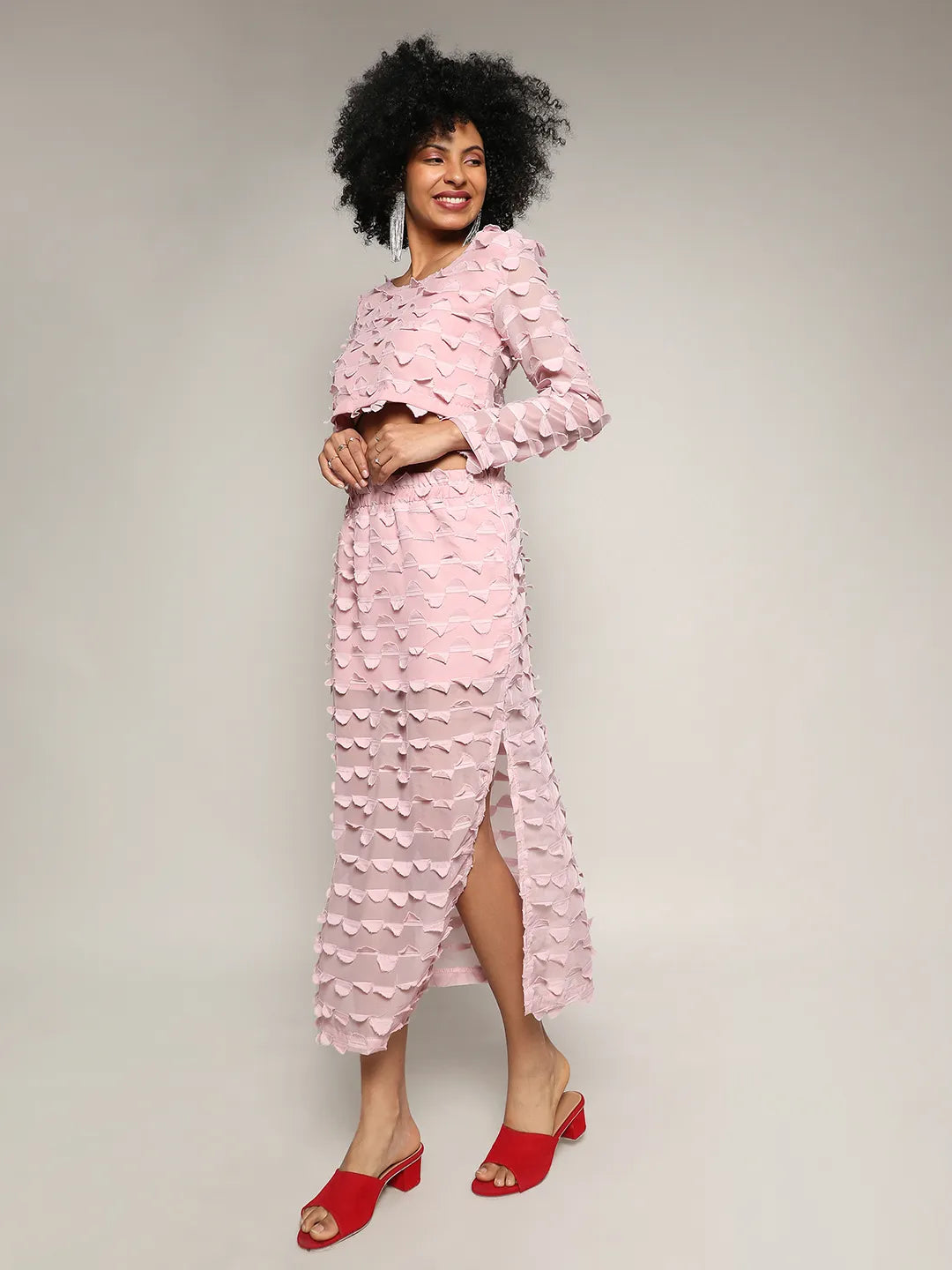 Blush Pink Sheer Applique Co-Ord Set With Slit