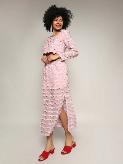 Blush Pink Sheer Applique Co-Ord Set With Slit
