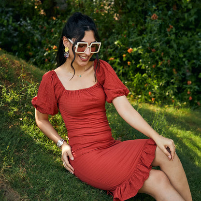 Puff-Sleeved Creased Dress