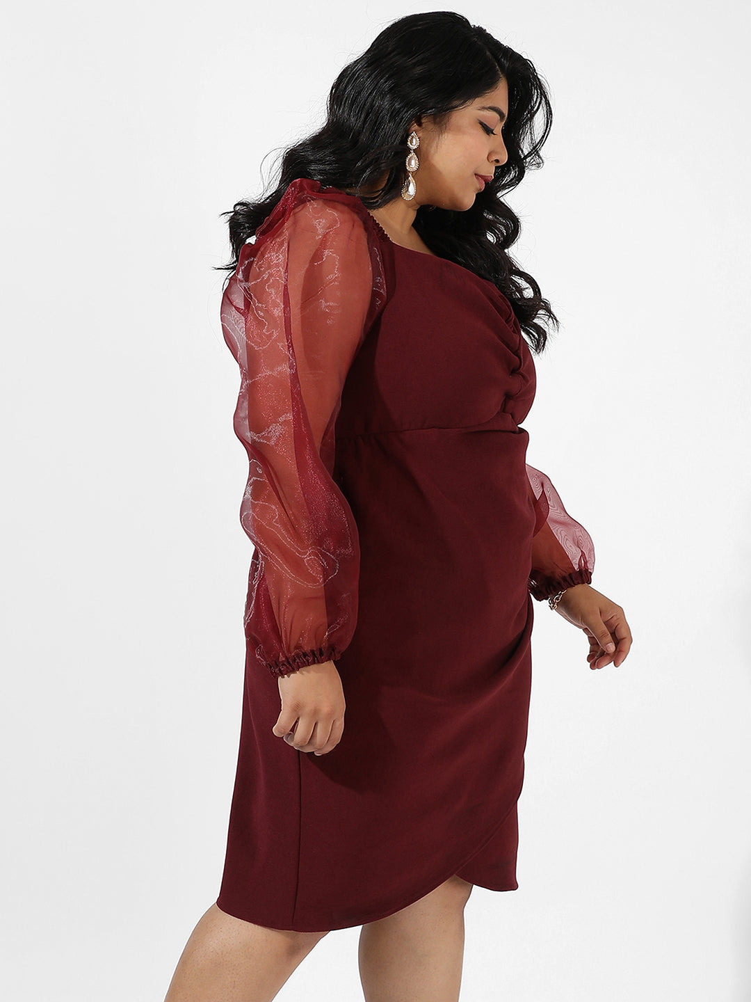 Solid Maroon Dress With Sheer Details