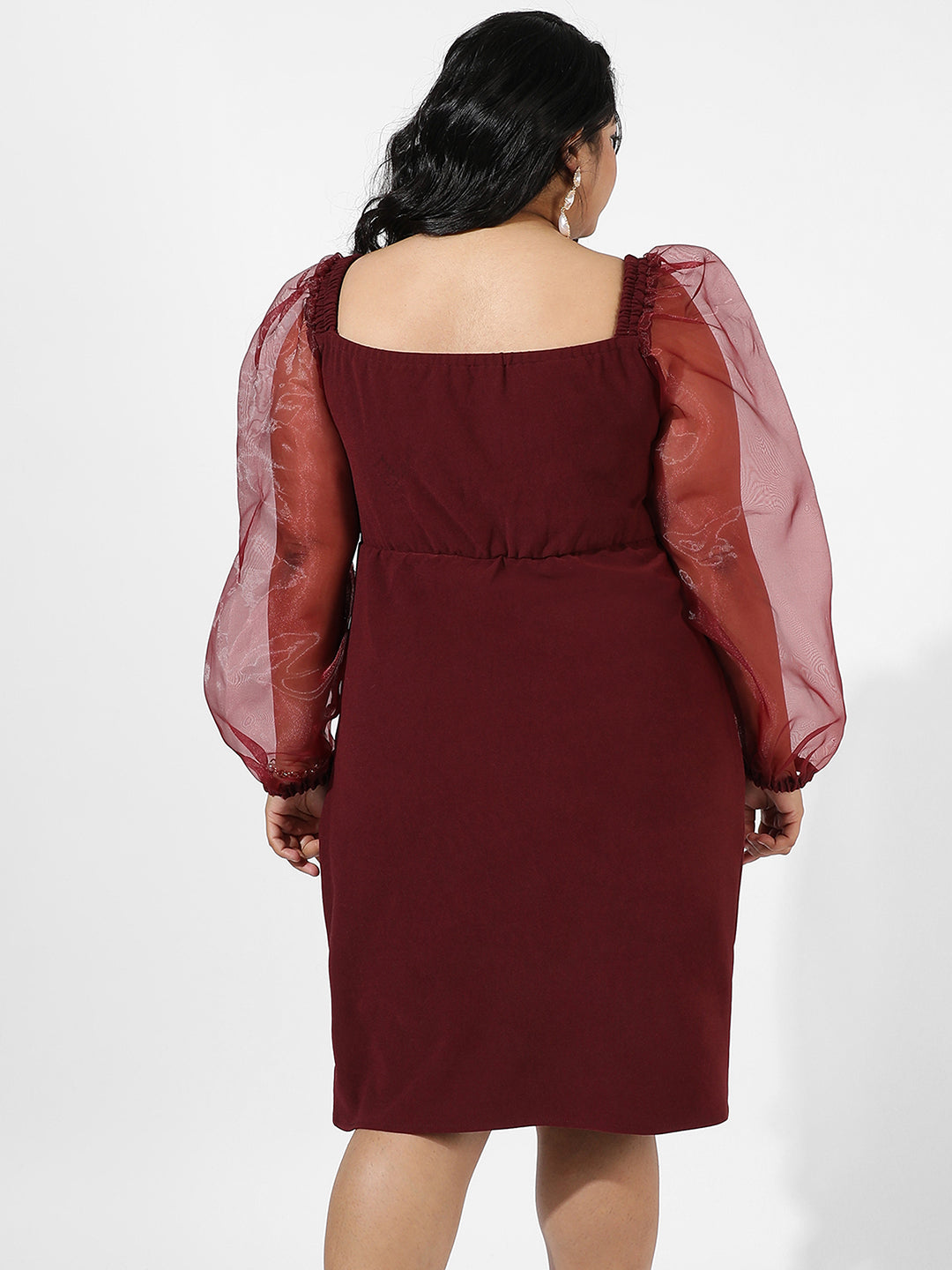Solid Maroon Dress With Sheer Details
