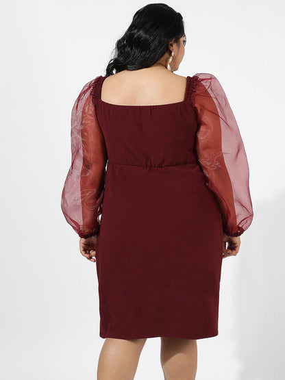 Solid Maroon Dress With Sheer Details