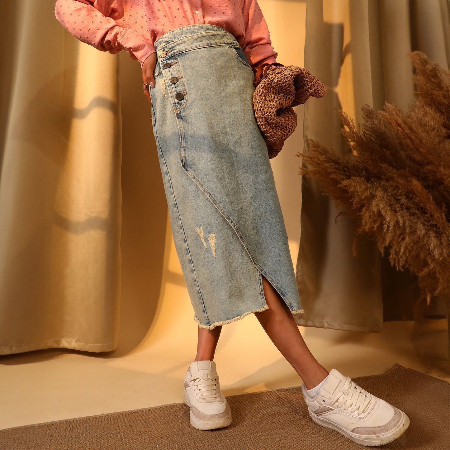 Asymmetrical Midi Denim Skirt