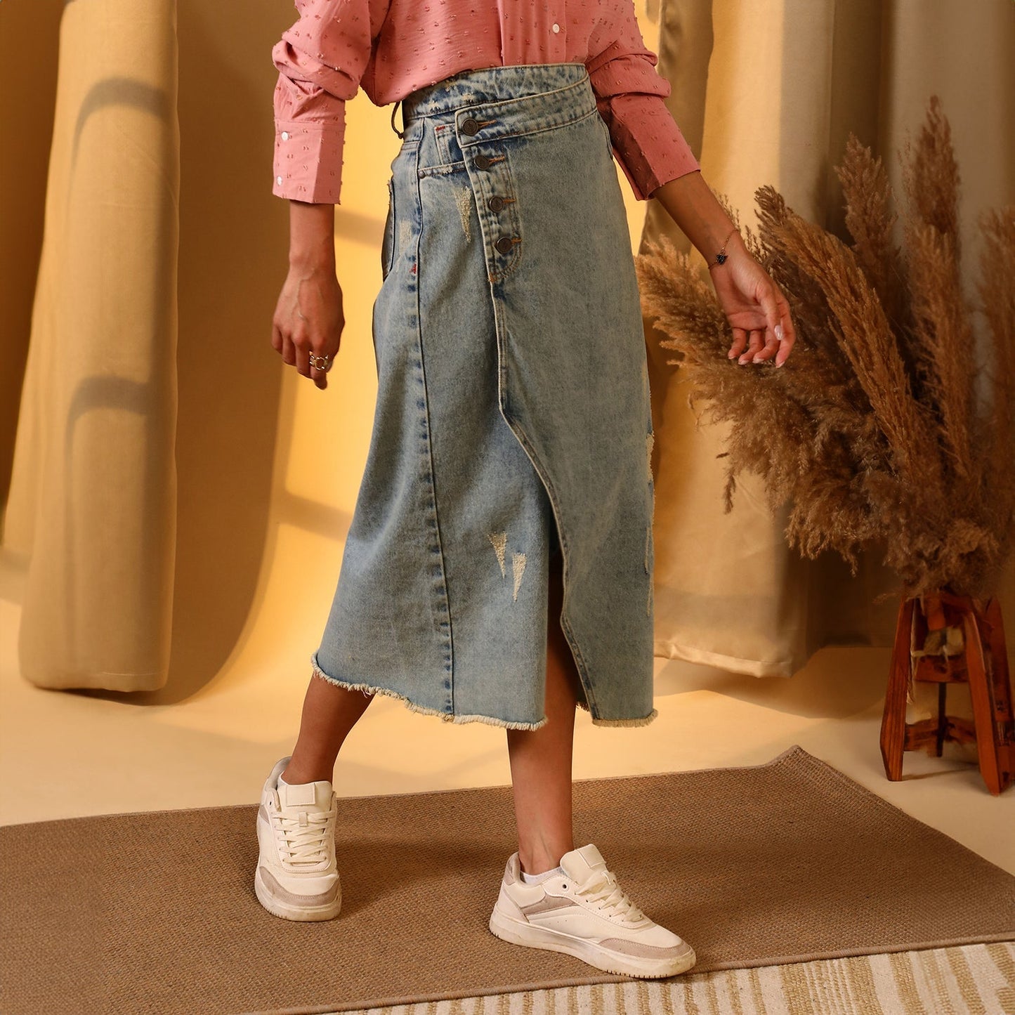 Asymmetrical Midi Denim Skirt