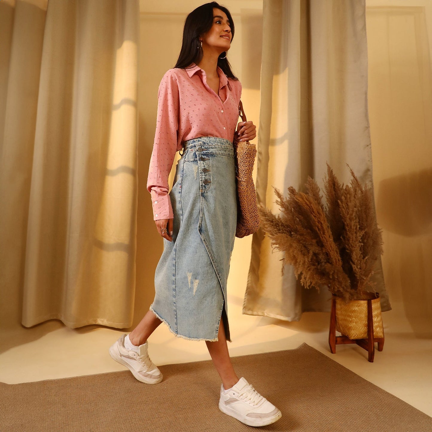 Asymmetrical Midi Denim Skirt