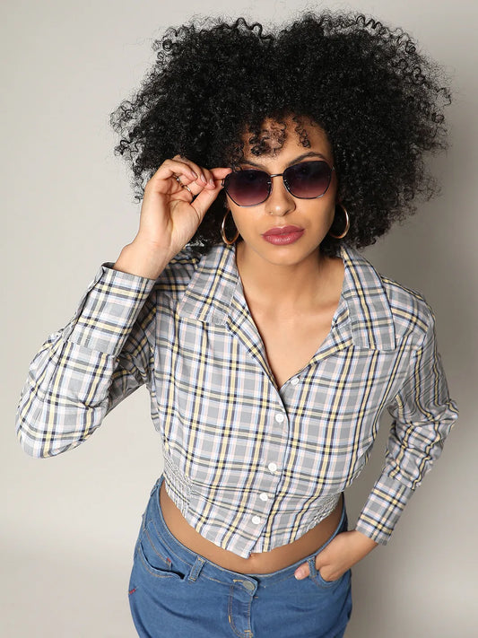 Tartan Plaid Cinched Cropped Shirt