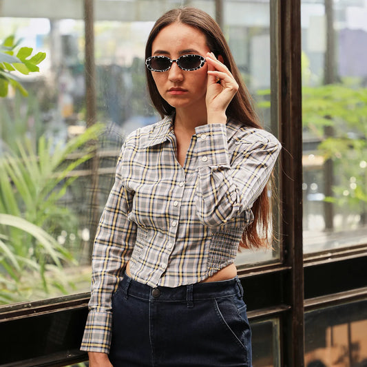 Tartan Plaid Cinched Cropped Shirt