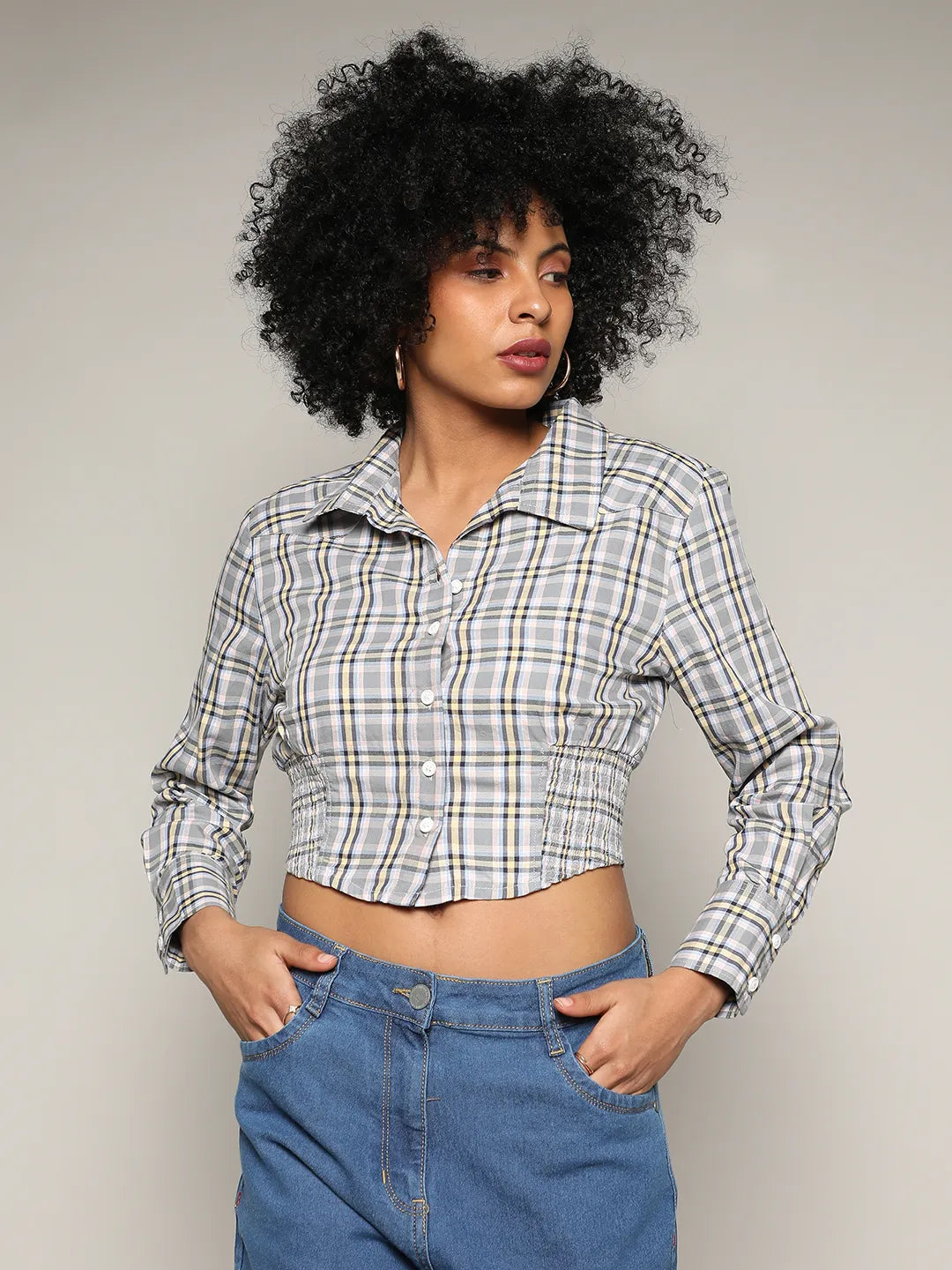 Tartan Plaid Cinched Cropped Shirt