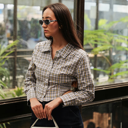 Tartan Plaid Cinched Cropped Shirt
