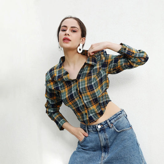 Tartan Plaid Cinched Cropped Shirt
