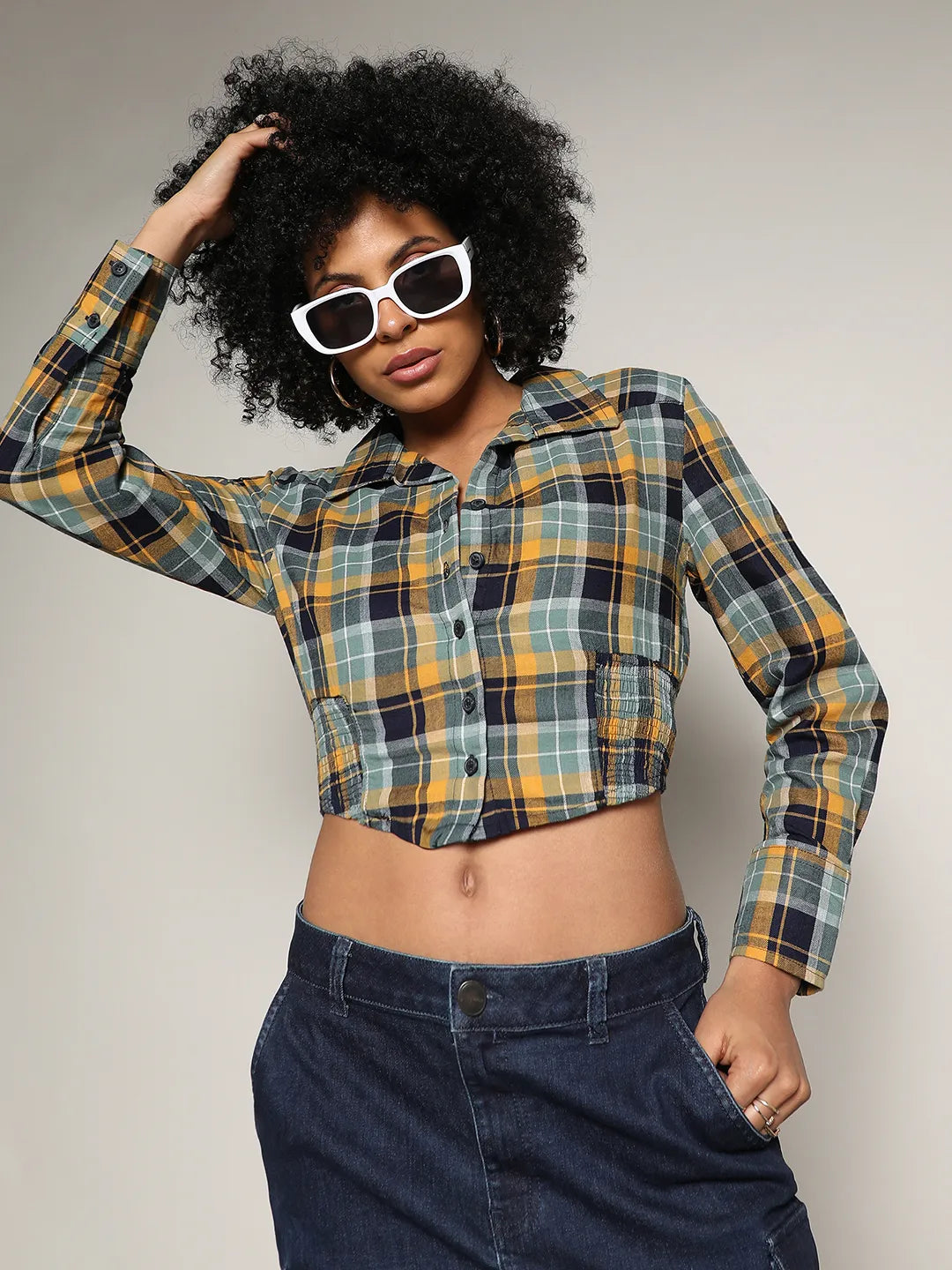 Tartan Plaid Cinched Cropped Shirt