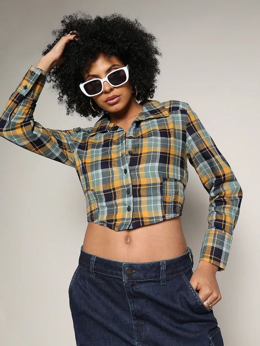 Tartan Plaid Cinched Cropped Shirt