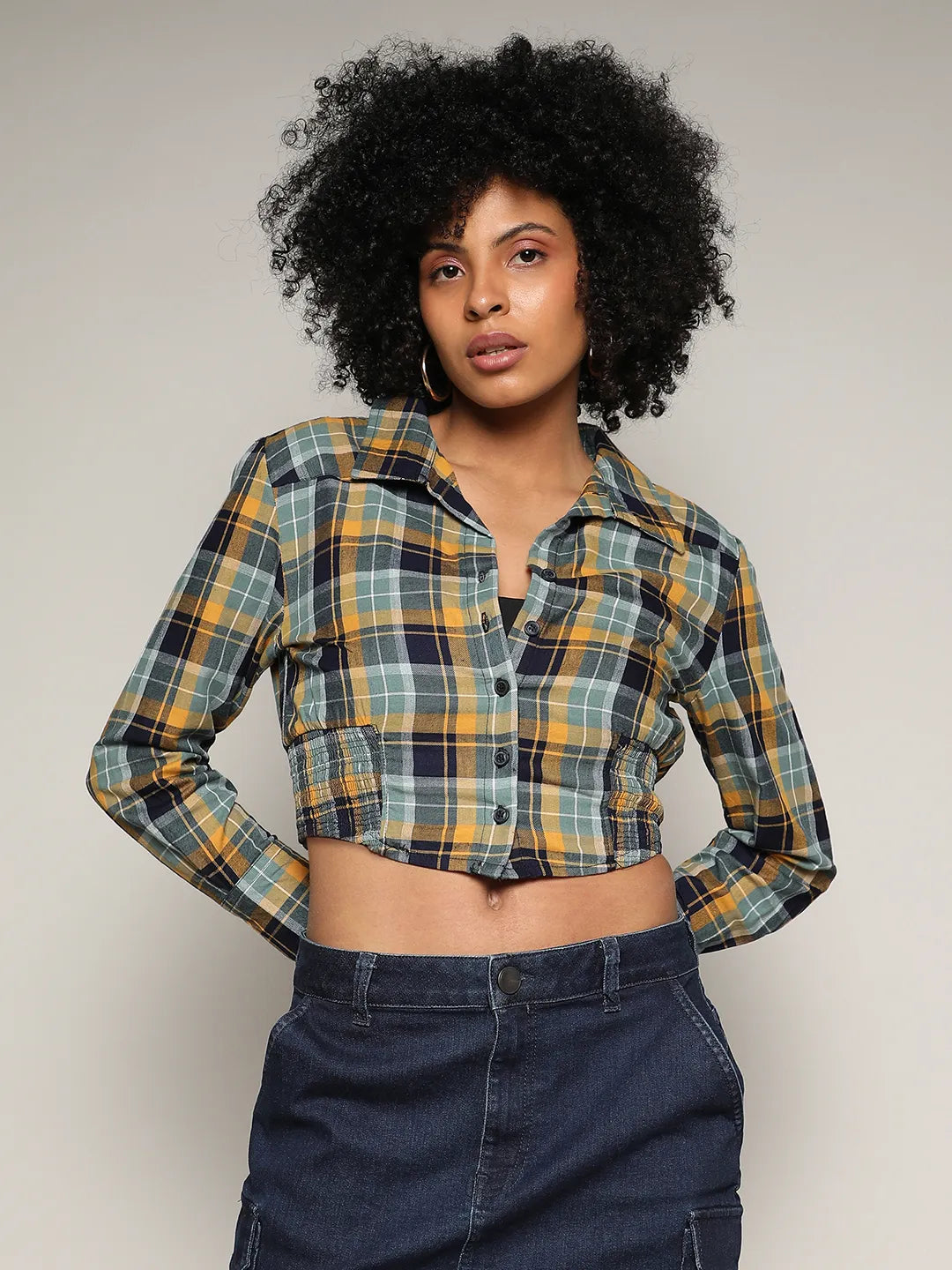 Tartan Plaid Cinched Cropped Shirt
