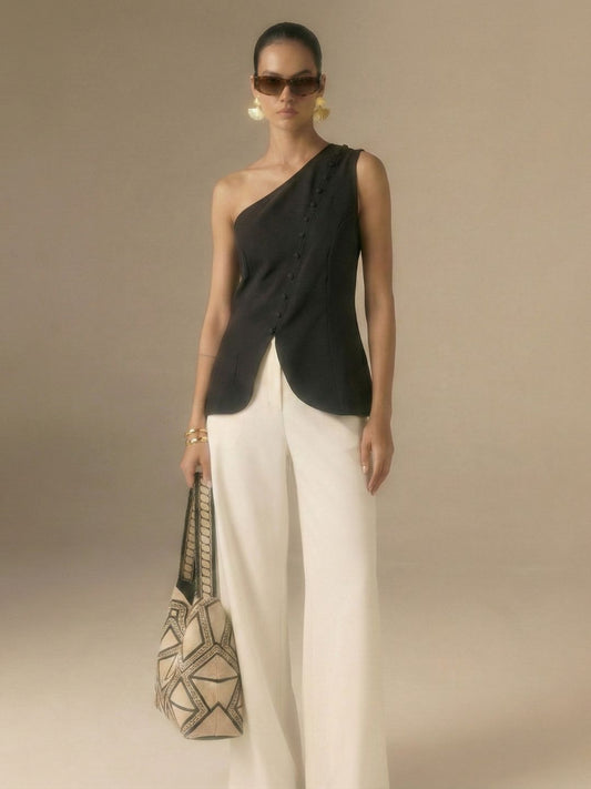 IS.U Black One-Shoulder Button Down Vest