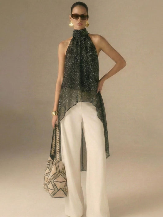 IS.U Black Halter-Neck Chiffon Long Top