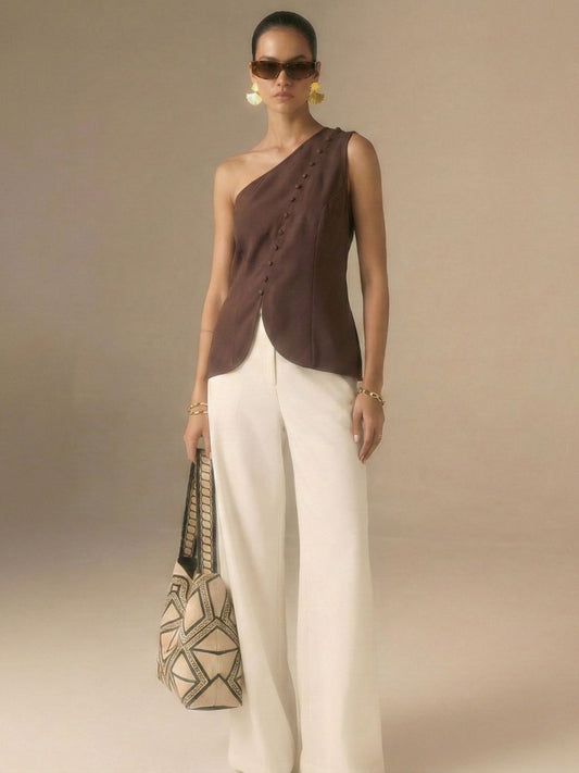 IS.U Brown One-Shoulder Button Down Vest